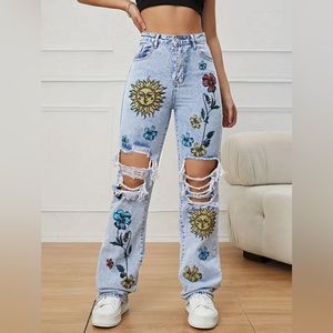 Floral Print Ripped Jeans // High Waisted // Size S